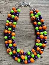 Load image into Gallery viewer, Orange Green Black & Purple Halloween Necklace, Triple strand orange jewelry, jack O Lantern pumpkin chunky big bead statement necklace