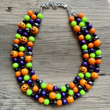 Load image into Gallery viewer, Orange Green Black & Purple Halloween Necklace, Triple strand orange jewelry, jack O Lantern pumpkin chunky big bead statement necklace