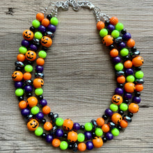 Load image into Gallery viewer, Orange Green Black & Purple Halloween Necklace, Triple strand orange jewelry, jack O Lantern pumpkin chunky big bead statement necklace