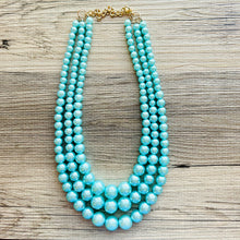 Load image into Gallery viewer, Turquoise Graduated Necklace, 3 strand jewelry, round beaded chunky statement necklace, blue necklace, light blue jewelry, formal drop long