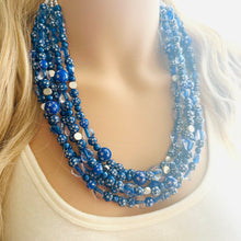 Load image into Gallery viewer, Midnight Rain Necklace, silver & Blue Statement Necklace, 5 strand chunky jewelry, dark blue navy gray periwinkle cadet sparkle glass