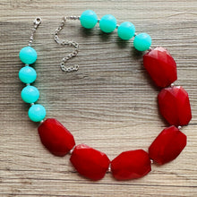 Load image into Gallery viewer, Maroon & Mint Big Bead Necklace, single Strand Statement Jewelry, deep red mint green Chunky bib bridesmaid burgundy everyday bubble jewelry