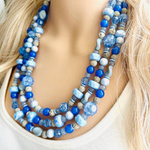 Load image into Gallery viewer, Misty Haze Blue Chunky Statement Necklace, big Beaded thick Jewelry, Triple Strand wedding or everyday dress, periwinkle lava blue earrings