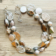 Load image into Gallery viewer, Gray Ombré Chunky Statement Necklace, multi Strand Beaded Jewelry, cadet blue jewelry, 3 strand chunky bib silver gem bead set