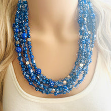 Load image into Gallery viewer, Midnight Rain Necklace, silver & Blue Statement Necklace, 5 strand chunky jewelry, dark blue navy gray periwinkle cadet sparkle glass