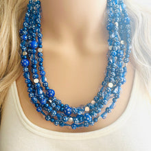 Load image into Gallery viewer, Midnight Rain Necklace, silver & Blue Statement Necklace, 5 strand chunky jewelry, dark blue navy gray periwinkle cadet sparkle glass