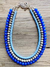 Load image into Gallery viewer, Summertime Storm Blue Chunky Statement Necklace, big Beaded thick Jewelry, Triple Strand wedding or everyday dress bridesmaid