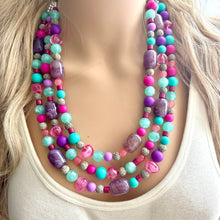 Load image into Gallery viewer, Maggie Mint Bib, Green Pink & Purple statement necklace, chunky bib beaded jewelry, pink necklace, 3 strand jewelry thick earrings set