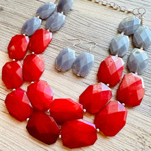 Load image into Gallery viewer, Fall Statement Necklace, Maroon & Gray Necklace, Multi Strand Statement Necklace, fall colors necklace, chunky bib red and gray
