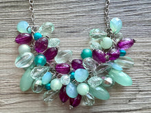 Load image into Gallery viewer, Green & Purple Cluster Necklace, silver and green beaded necklace, holiday jewelry, periwinkle pearl crystal necklace bib statement Necklace