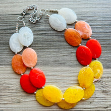 Load image into Gallery viewer, Fall Sunset Statement Necklace, Chunky 2 Strand Jewelry, orange necklace champagne red necklace, red tan cream bib beaded necklace