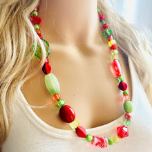 Load image into Gallery viewer, Merry & Bright Long Christmas Necklace, Red Green Gold Holiday Jewelry, Christmas Jewelry, Winter Beaded Gift Christmas Present December