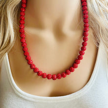 Load image into Gallery viewer, Royal Red Necklace, Red Holiday Jewelry, bright red Jewelry Beaded Christmas Present silver ornament 1 strand rhinestone glass clay necklace