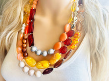 Load image into Gallery viewer, Fall Statement Necklace, Cherry Mustard Silver Necklace, Triple Strand Statement Necklace, fall colors necklace, vintage necklace, chunky