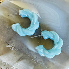 Load image into Gallery viewer, Aqua Blue Statement Drops, resin Rainbow Geometric Drop Hoop earrings set, pastel jewelry, twisted acrylic hoops bridesmaid