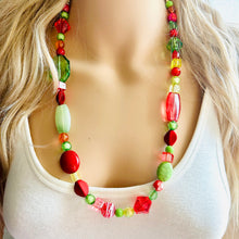 Load image into Gallery viewer, Merry & Bright Long Christmas Necklace, Red Green Gold Holiday Jewelry, Christmas Jewelry, Winter Beaded Gift Christmas Present December
