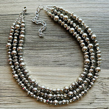Load image into Gallery viewer, Reflecting Pool Silver Chunky Statement Necklace, Big beaded jewelry, Gray 3 Strand Statement Necklace, Bib necklace winter mirror silver
