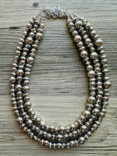 Load image into Gallery viewer, Reflecting Pool Silver Chunky Statement Necklace, Big beaded jewelry, Gray 3 Strand Statement Necklace, Bib necklace winter mirror silver