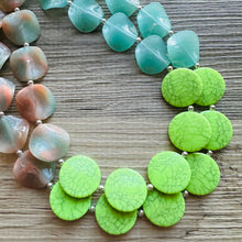Load image into Gallery viewer, Lime White & Blush Pink Ombre Statement Necklace - Chunky Two Strand Jewelry, matching pink earrings, color block bridesmaid necklace
