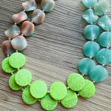 Load image into Gallery viewer, Lime White & Blush Pink Ombre Statement Necklace - Chunky Two Strand Jewelry, matching pink earrings, color block bridesmaid necklace