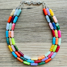 Load image into Gallery viewer, Rainbow Necklace, 3 Strand Statement Jewelry, Colorful Chunky bib bridesmaid or everyday bubble jewelry, acrylic beaded resin bead
