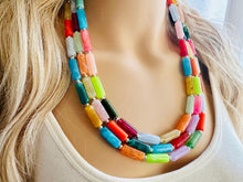 Load image into Gallery viewer, Rainbow Necklace, 3 Strand Statement Jewelry, Colorful Chunky bib bridesmaid or everyday bubble jewelry, acrylic beaded resin bead