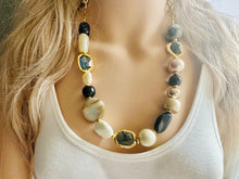 Load image into Gallery viewer, Black & Gold “Class Act” Chunky Statement Necklace single Strand Beaded jewelry, bridesmaid bib wedding gemstone, bubble necklace