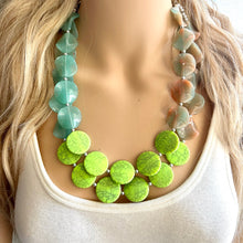 Load image into Gallery viewer, Lime White & Blush Pink Ombre Statement Necklace - Chunky Two Strand Jewelry, matching pink earrings, color block bridesmaid necklace