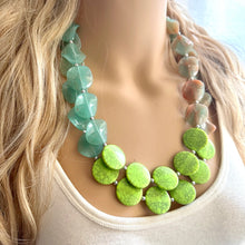 Load image into Gallery viewer, Lime White & Blush Pink Ombre Statement Necklace - Chunky Two Strand Jewelry, matching pink earrings, color block bridesmaid necklace