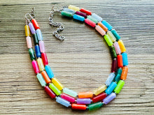 Load image into Gallery viewer, Rainbow Necklace, 3 Strand Statement Jewelry, Colorful Chunky bib bridesmaid or everyday bubble jewelry, acrylic beaded resin bead