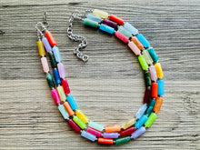 Load image into Gallery viewer, Rainbow Necklace, 3 Strand Statement Jewelry, Colorful Chunky bib bridesmaid or everyday bubble jewelry, acrylic beaded resin bead
