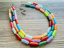 Load image into Gallery viewer, Rainbow Necklace, 3 Strand Statement Jewelry, Colorful Chunky bib bridesmaid or everyday bubble jewelry, acrylic beaded resin bead