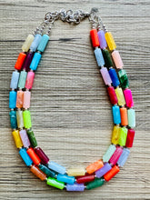 Load image into Gallery viewer, Rainbow Necklace, 3 Strand Statement Jewelry, Colorful Chunky bib bridesmaid or everyday bubble jewelry, acrylic beaded resin bead