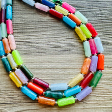 Load image into Gallery viewer, Rainbow Necklace, 3 Strand Statement Jewelry, Colorful Chunky bib bridesmaid or everyday bubble jewelry, acrylic beaded resin bead