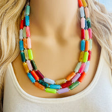 Load image into Gallery viewer, Rainbow Necklace, 3 Strand Statement Jewelry, Colorful Chunky bib bridesmaid or everyday bubble jewelry, acrylic beaded resin bead