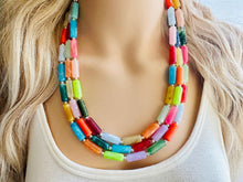 Load image into Gallery viewer, Rainbow Necklace, 3 Strand Statement Jewelry, Colorful Chunky bib bridesmaid or everyday bubble jewelry, acrylic beaded resin bead