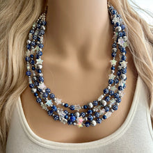 Load image into Gallery viewer, Midnight Kiss Necklace, silver & Blue Statement Necklace, 4 strand chunky jewelry, dark blue navy gray periwinkle cadet sparkle glass