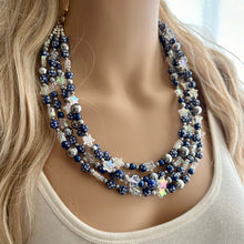 Load image into Gallery viewer, Midnight Kiss Necklace, silver & Blue Statement Necklace, 4 strand chunky jewelry, dark blue navy gray periwinkle cadet sparkle glass