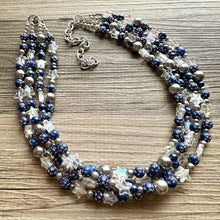Load image into Gallery viewer, Midnight Kiss Necklace, silver & Blue Statement Necklace, 4 strand chunky jewelry, dark blue navy gray periwinkle cadet sparkle glass