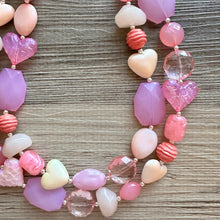 Load image into Gallery viewer, Golden Pink Hour Statement Necklace, chunky bib beaded jewelry, colorful jewelry, hot pink white cream flower, beaded jewelry rose