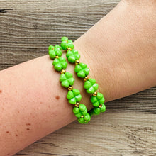 Load image into Gallery viewer, Saint Patricks Green Chunky Statement Necklace & Stretch Bracelet set 3 Strand Beaded Kelly green jewelry bridesmaid earrings gold st pattys