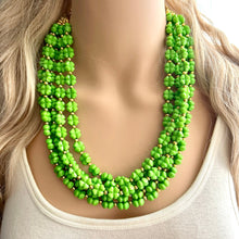 Load image into Gallery viewer, Saint Patricks Green Chunky Statement Necklace & Stretch Bracelet set 5 Strand Beaded Kelly green jewelry bridesmaid earrings gold st pattys