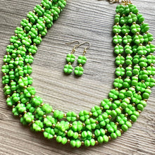 Load image into Gallery viewer, Saint Patricks Green Chunky Statement Necklace & Stretch Bracelet set 5 Strand Beaded Kelly green jewelry bridesmaid earrings gold st pattys