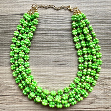 Load image into Gallery viewer, Saint Patricks Green Chunky Statement Necklace & Stretch Bracelet set 5 Strand Beaded Kelly green jewelry bridesmaid earrings gold st pattys