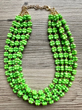 Load image into Gallery viewer, Saint Patricks Green Chunky Statement Necklace & Stretch Bracelet set 5 Strand Beaded Kelly green jewelry bridesmaid earrings gold st pattys