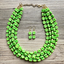 Load image into Gallery viewer, Saint Patricks Green Chunky Statement Necklace & Stretch Bracelet set 5 Strand Beaded Kelly green jewelry bridesmaid earrings gold st pattys