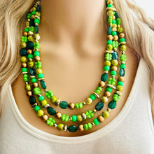 Load image into Gallery viewer, Saint Patricks Green Chunky Statement Necklace & Stretch Bracelet set 3 Strand Beaded Kelly green jewelry bridesmaid earrings gold st pattys