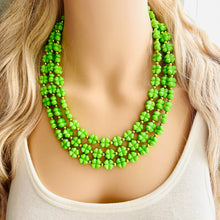Load image into Gallery viewer, Saint Patricks Green Chunky Statement Necklace & Stretch Bracelet set 3 Strand Beaded Kelly green jewelry bridesmaid earrings gold st pattys
