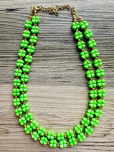 Load image into Gallery viewer, Saint Patricks Green Chunky Statement Necklace & Stretch Bracelet set 2 Strand Beaded Kelly green jewelry bridesmaid earrings gold st pattys