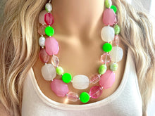 Load image into Gallery viewer, Watermelon Salt Necklace, Pink & Green Chunky Statement Necklace, green pink beaded necklace jewelry, multi color strand bib chunky
